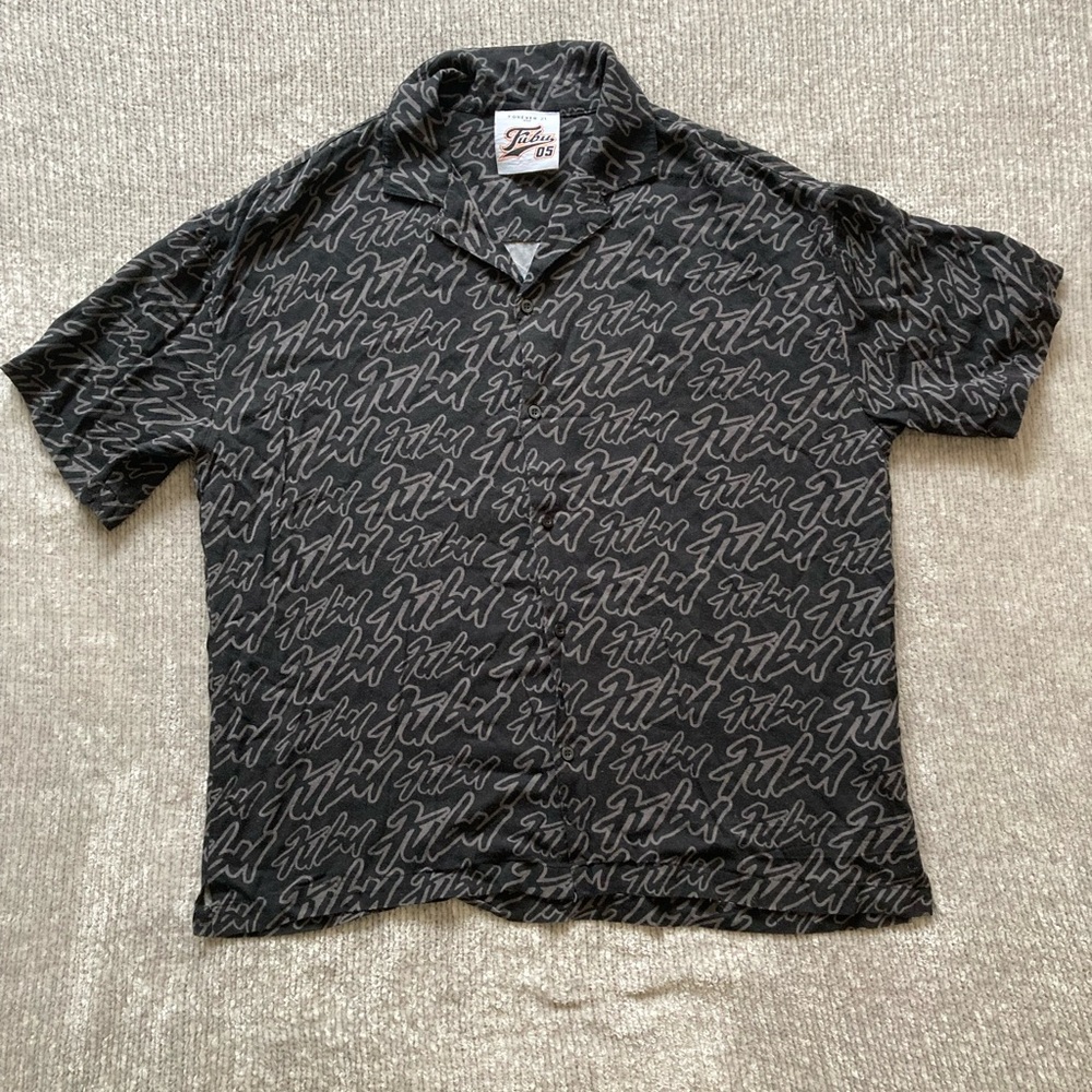FUBU Collection Script Print Button Down Shirt Black Gray Y2K Mens Large
